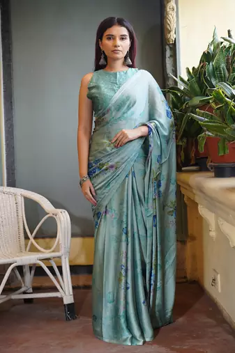 Dusty teal chiffon floral print saree with unstitched blouse piece