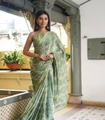 Light dusty green chiffon floral print saree with unstitched blouse piece