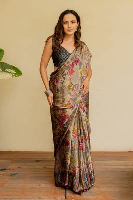 Wine chiffon floral kalamkari printed saree with unstitched blouse piece 1