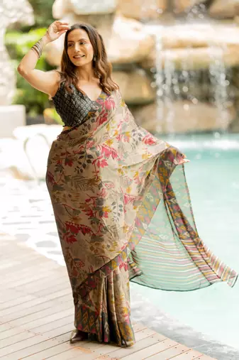 Wine chiffon floral kalamkari printed saree with unstitched blouse piece