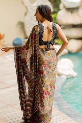 Wine chiffon floral kalamkari printed saree with unstitched blouse piece 4