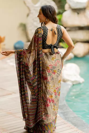 Wine chiffon floral kalamkari printed saree with unstitched blouse piece