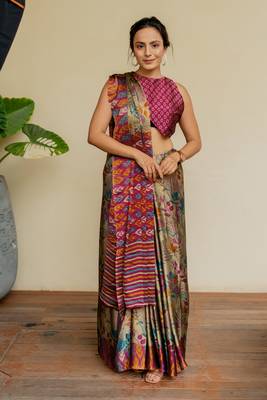 Beige chiffon floral ikkat printed saree with unstitched blouse piece 1