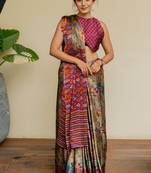 Beige chiffon floral ikkat printed saree with unstitched blouse piece