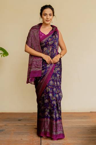 Dark purple chiffon floral kalamkari printed saree with unstitched blouse piece