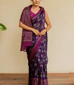 Dark purple chiffon floral kalamkari printed saree with unstitched blouse piece