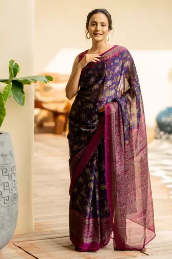 Dark purple chiffon floral kalamkari printed saree with unstitched blouse piece