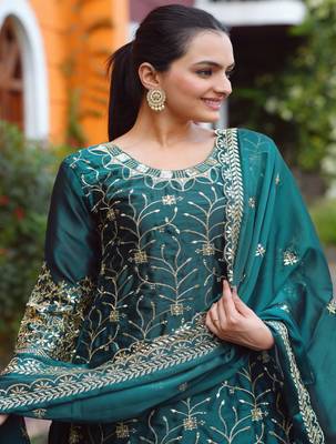 green COTTON  embroidery party wear suit set   4