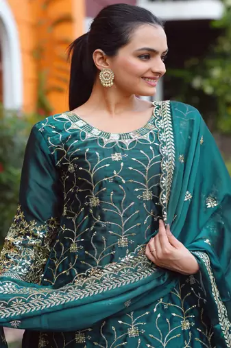 green COTTON  embroidery party wear suit set  