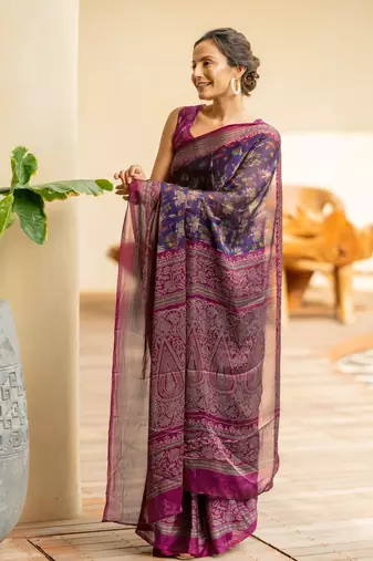Dark purple chiffon floral kalamkari printed saree with unstitched blouse piece