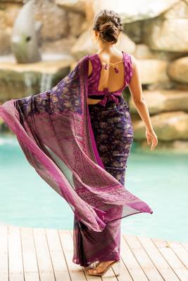 Dark purple chiffon floral kalamkari printed saree with unstitched blouse piece 4