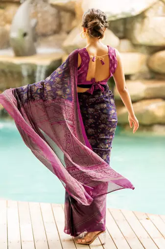 Dark purple chiffon floral kalamkari printed saree with unstitched blouse piece
