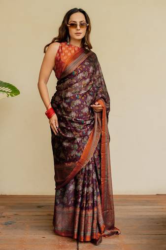 Wine chiffon floral kalamkari printed saree with unstitched blouse piece