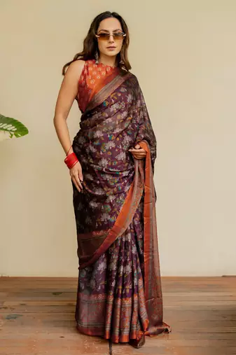 Wine chiffon floral kalamkari printed saree with unstitched blouse piece