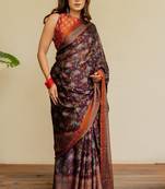 Wine chiffon floral kalamkari printed saree with unstitched blouse piece