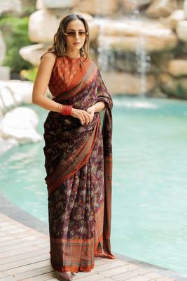 Wine chiffon floral kalamkari printed saree with unstitched blouse piece 2