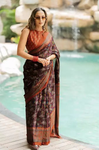 Wine chiffon floral kalamkari printed saree with unstitched blouse piece