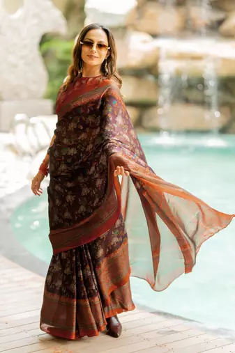 Wine chiffon floral kalamkari printed saree with unstitched blouse piece