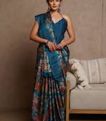 Dark rama blue chiffon floral print saree with unstitched blouse piece