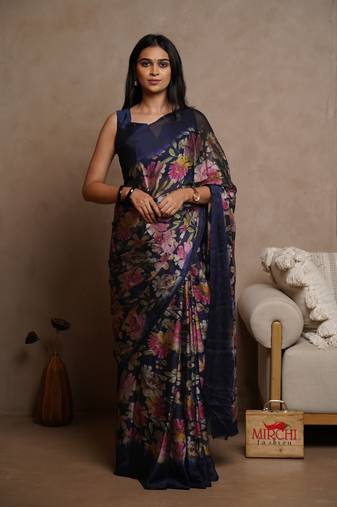 Dark purple chiffon floral print saree with unstitched blouse piece