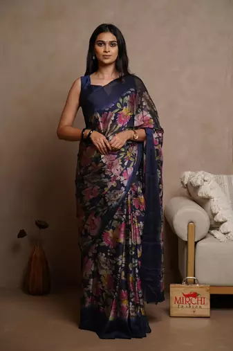 Dark purple chiffon floral print saree with unstitched blouse piece