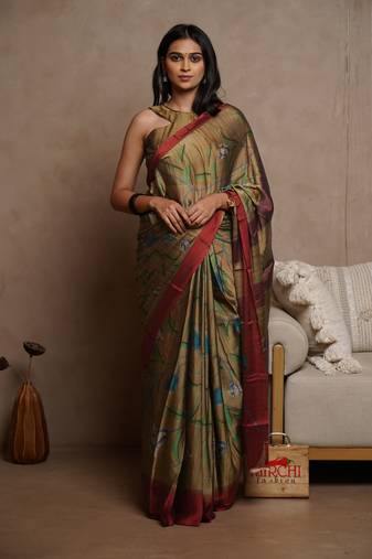 Dark beige chiffon floral print saree with unstitched blouse piece