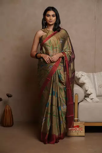 Dark beige chiffon floral print saree with unstitched blouse piece