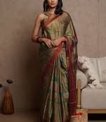 Dark beige chiffon floral print saree with unstitched blouse piece