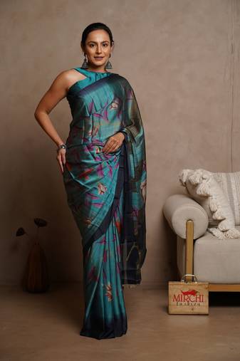 Dark turquoise chiffon floral print saree with unstitched blouse piece
