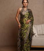 Black chiffon floral printed saree with unstitched blouse piece