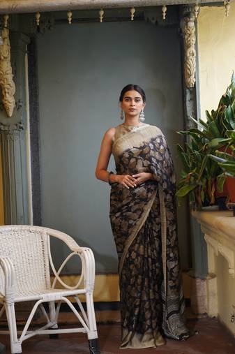 Black chiffon floral printed saree with unstitched blouse piece