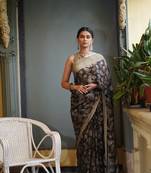 Black chiffon floral printed saree with unstitched blouse piece