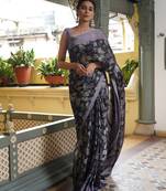 Black chiffon floral printed saree with unstitched blouse piece
