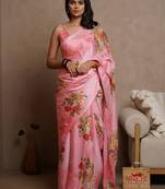 Peach pink chiffon floral print saree with unstitched blouse piece