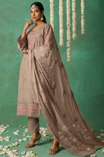 Beige pure organza embroidered salwar suit