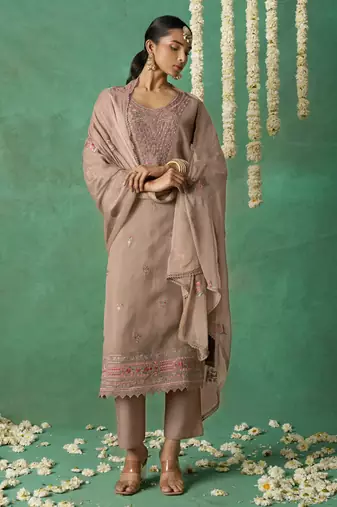 Beige pure organza embroidered salwar suit