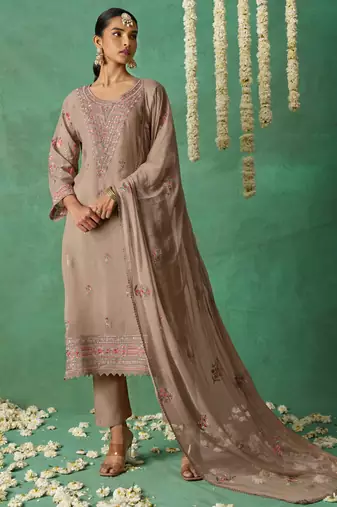 Beige pure organza embroidered salwar suit