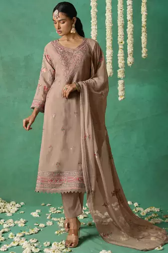 Beige pure organza embroidered salwar suit