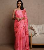 Coral chiffon floral print saree with unstitched blouse piece