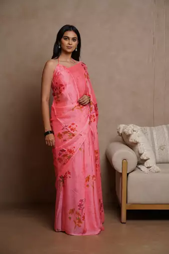 Turquoise kota doria polyester floral print golden zari border saree