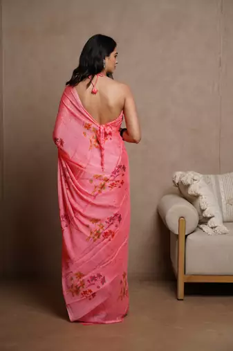 Turquoise kota doria polyester floral print golden zari border saree