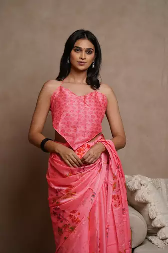 Turquoise kota doria polyester floral print golden zari border saree