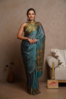 Dark rama blue chiffon solid block printed saree with unstitched blouse piece 1