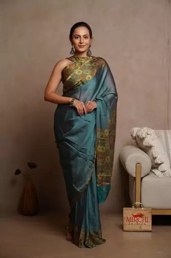Dark rama blue chiffon solid block printed saree with unstitched blouse piece