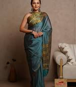 Dark rama blue chiffon solid block printed saree with unstitched blouse piece