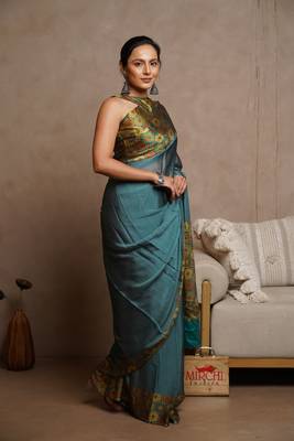 Dark rama blue chiffon solid block printed saree with unstitched blouse piece 2