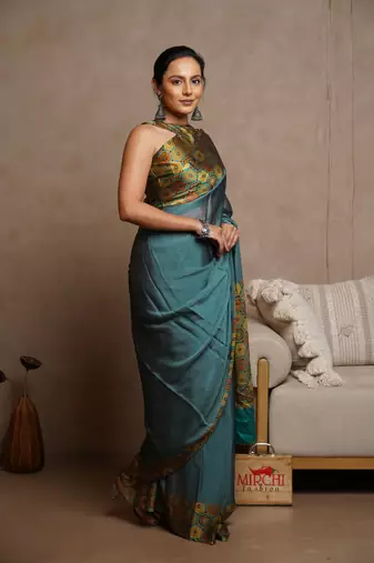Dark rama blue chiffon solid block printed saree with unstitched blouse piece