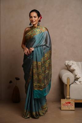 Dark rama blue chiffon solid block printed saree with unstitched blouse piece 3
