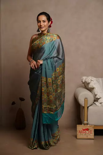 Dark rama blue chiffon solid block printed saree with unstitched blouse piece