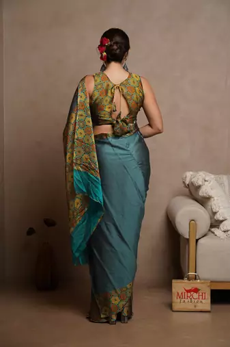 Dark rama blue chiffon solid block printed saree with unstitched blouse piece